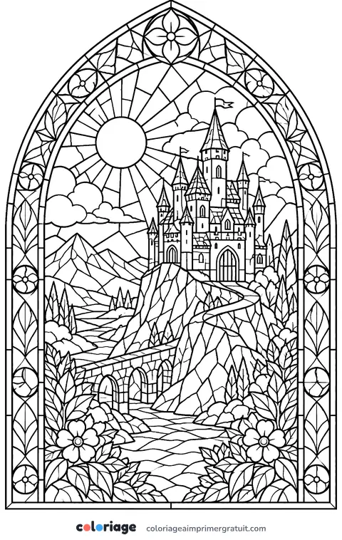 Coloriage château en vitrail