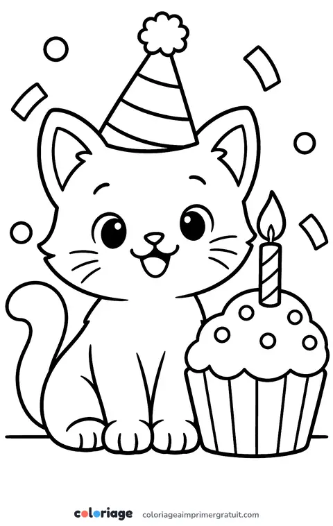 Coloriage chaton d’anniversaire