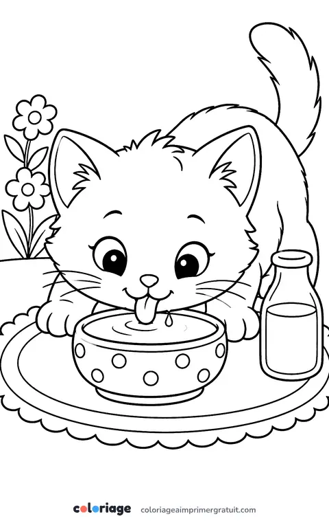 Coloriage chaton et son bol de lait