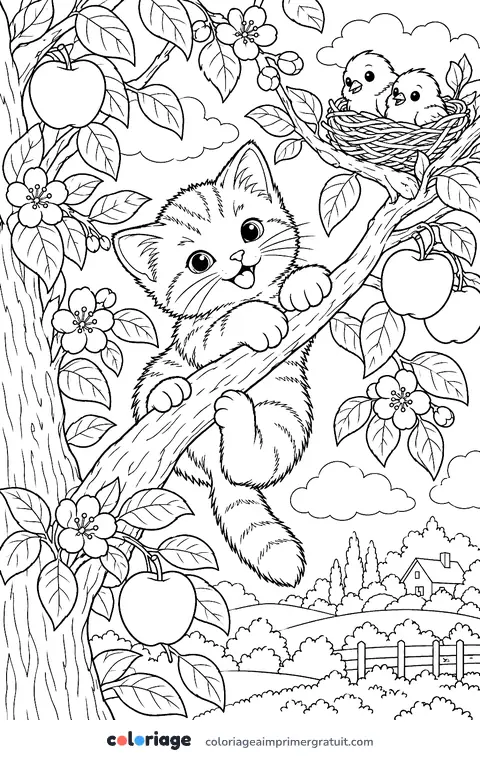 Coloriage chaton sur une branche