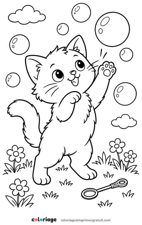 Coloriage chaton et bulles de savon