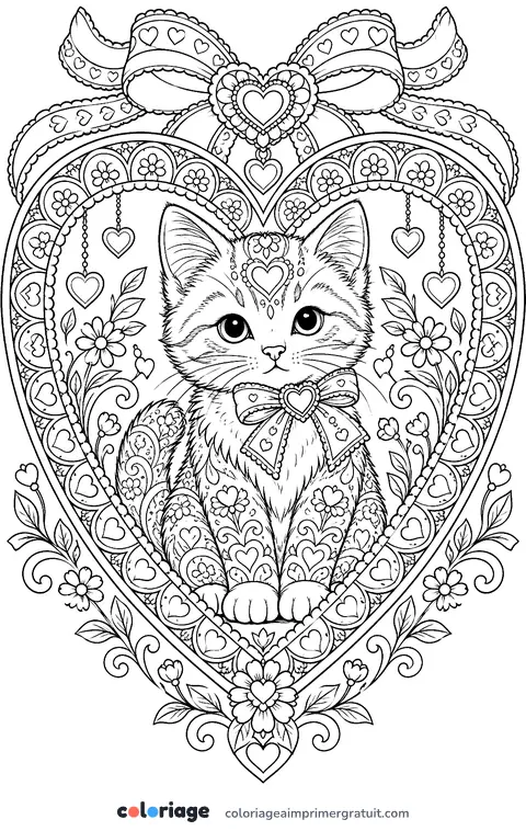 Coloriage chaton dans un cœur