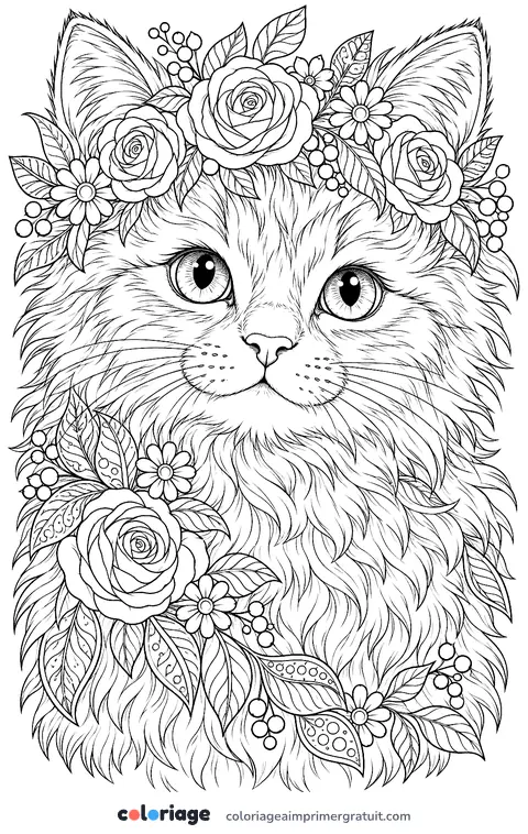 Coloriage chaton à la couronne de fleurs