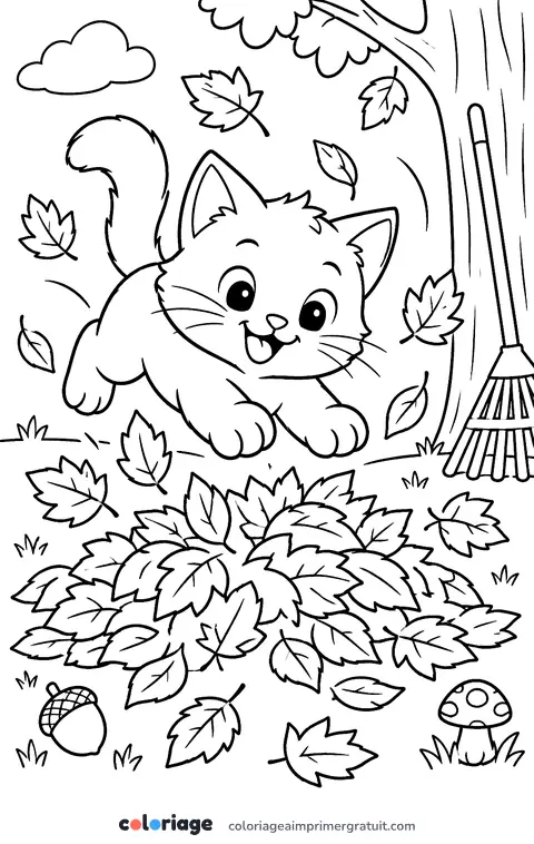 Coloriage chaton dans les feuilles