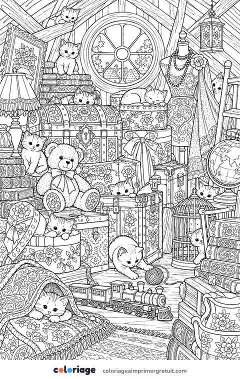 Coloriage chatons cachés au grenier