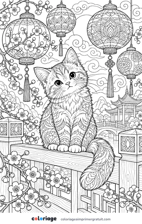 Coloriage chaton et lanternes