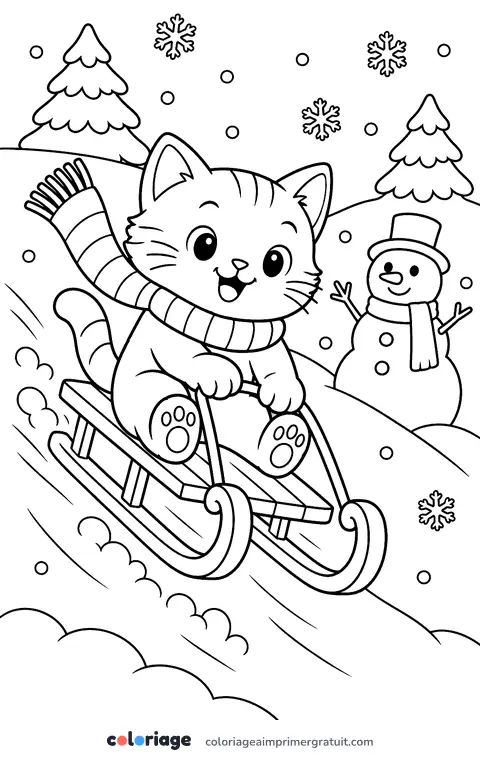 Coloriage chaton en luge