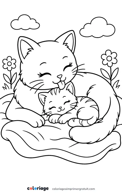 Coloriage chaton contre sa maman
