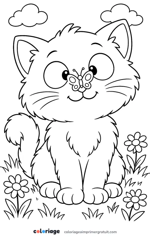 Coloriage chaton et papillon