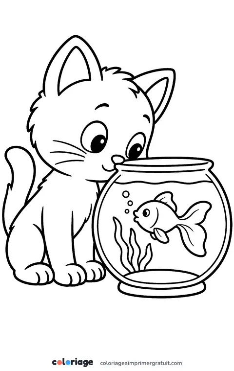 Coloriage chaton et poisson rouge