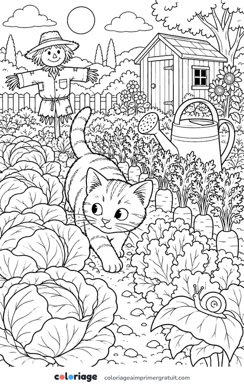Coloriage chaton au potager