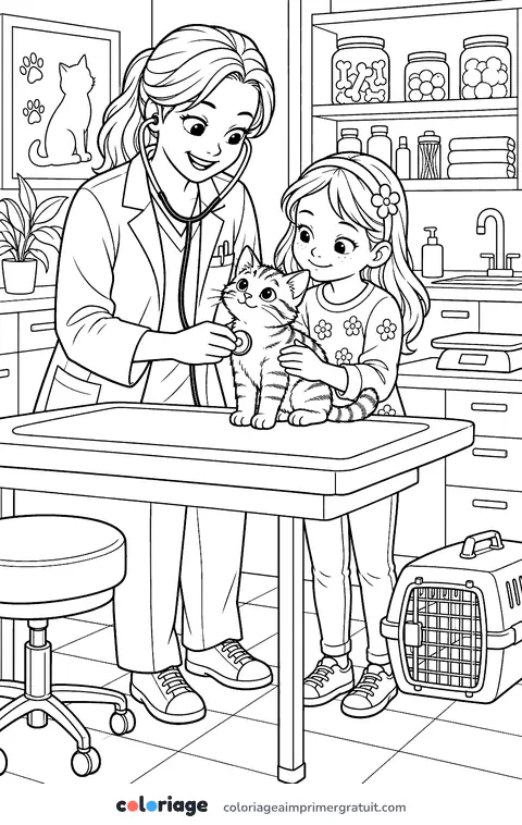 Coloriage chaton chez la vétérinaire