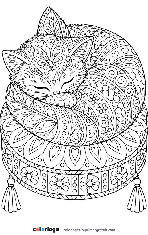 Coloriage chaton endormi zentangle