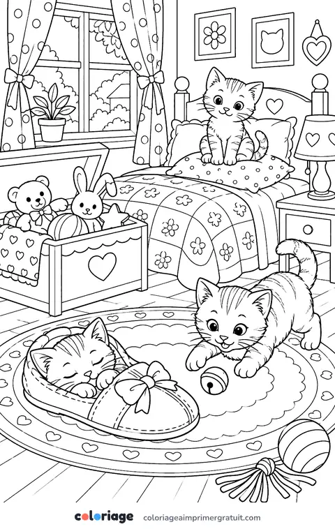 Coloriage chatons dans une chambre d’enfant