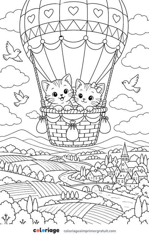 Coloriage chatons en montgolfière