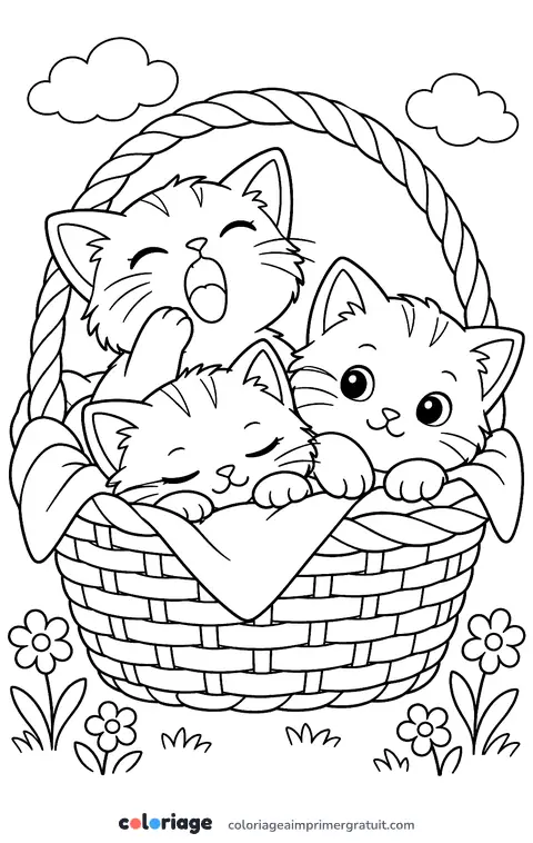 Coloriage trois chatons dans un panier