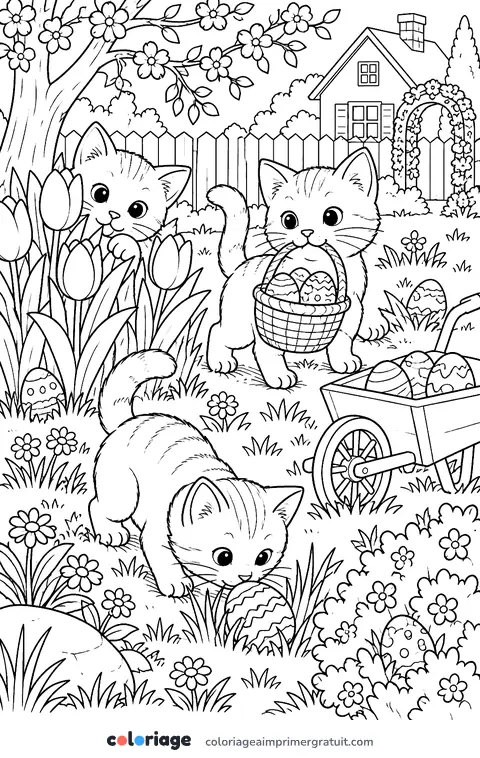 Coloriage chatons et œufs de Pâques