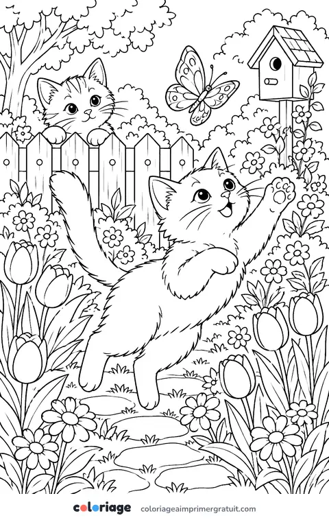 Coloriage deux chats au jardin