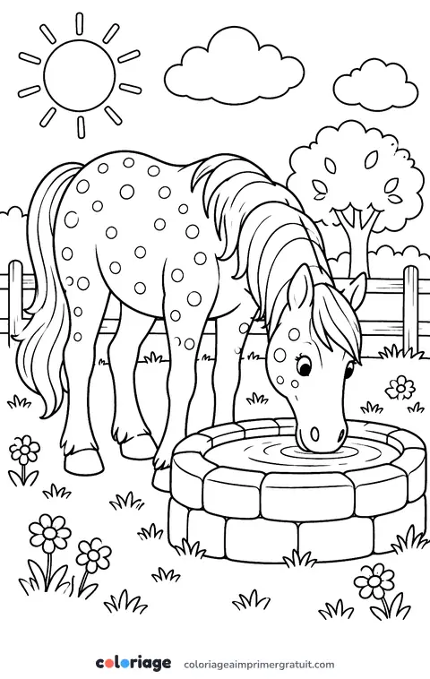 Coloriage cheval à l’abreuvoir