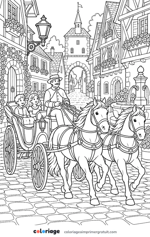 Coloriage calèche en ville