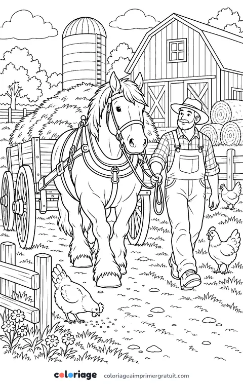 Coloriage cheval et charrette de foin