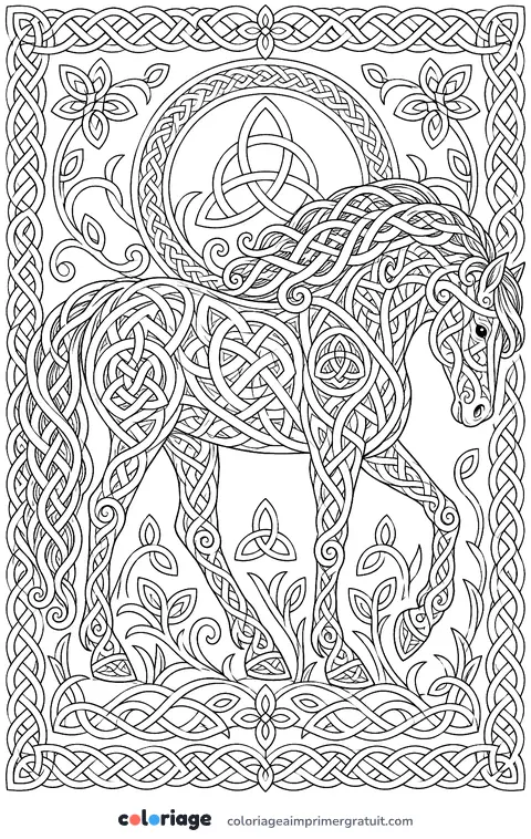 Coloriage cheval aux entrelacs