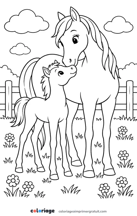 Coloriage jument et son poulain