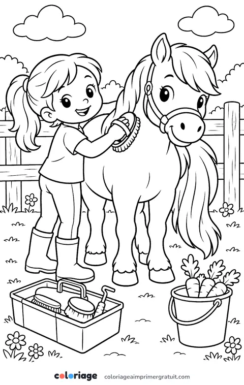 Coloriage enfant qui brosse son poney