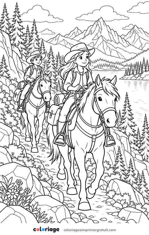 Coloriage randonnée à cheval