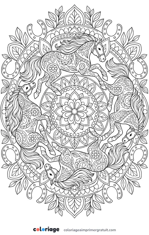 Coloriage mandala de chevaux