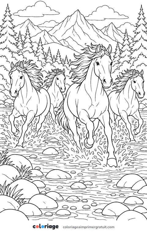 Coloriage chevaux sauvages dans la rivière