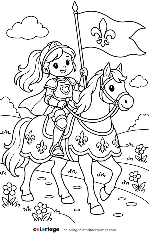 Coloriage cavalière et son étendard