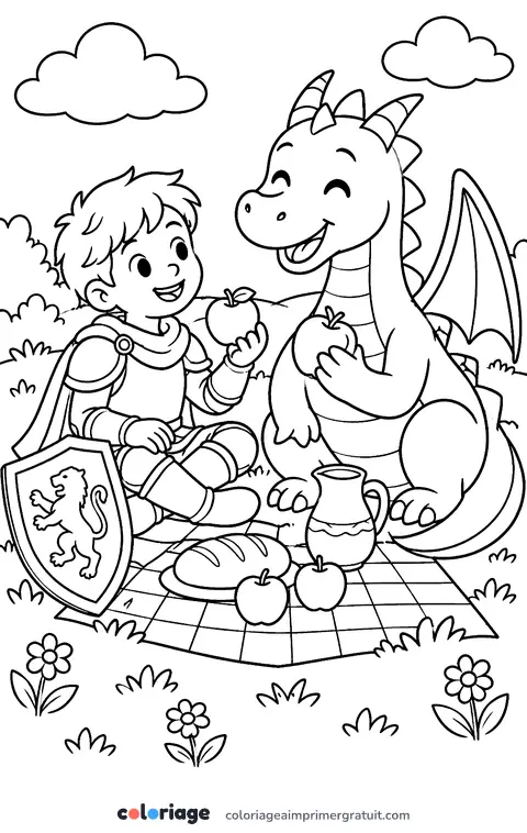 Coloriage chevalier et dragon amis