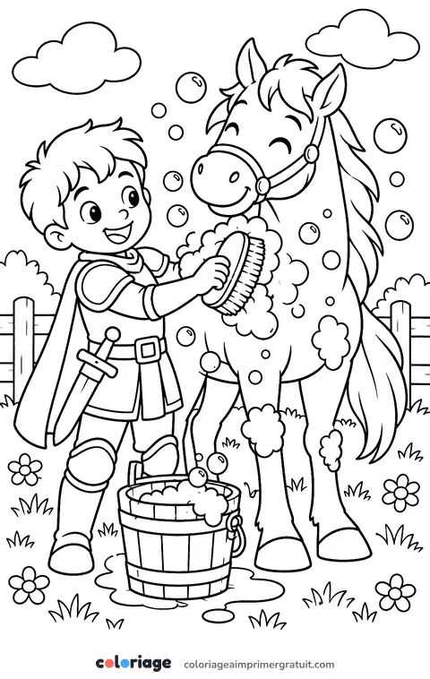 Coloriage chevalier qui lave son cheval