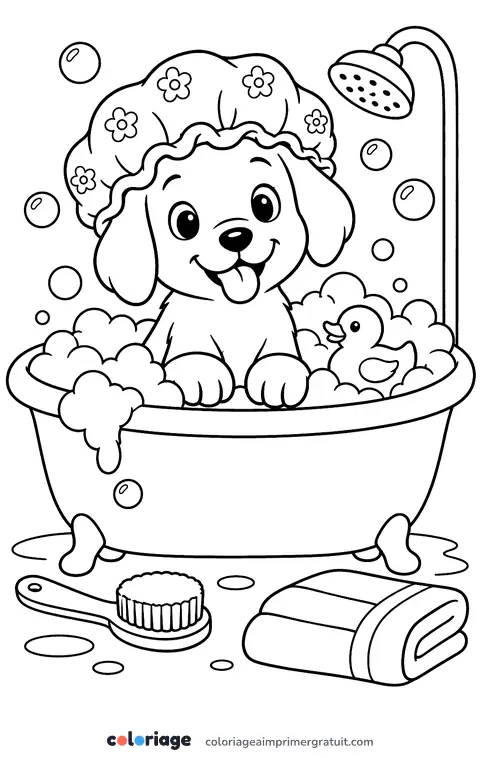 Coloriage chien dans son bain