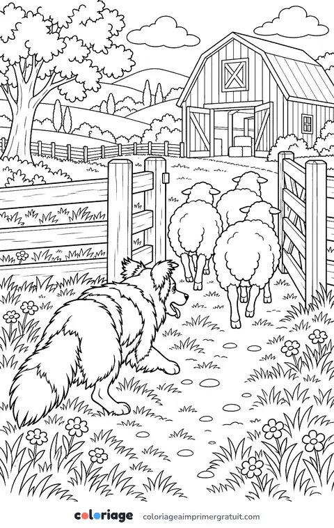 Coloriage chien de berger et ses moutons