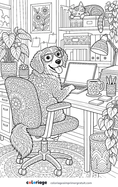 Coloriage chien au bureau