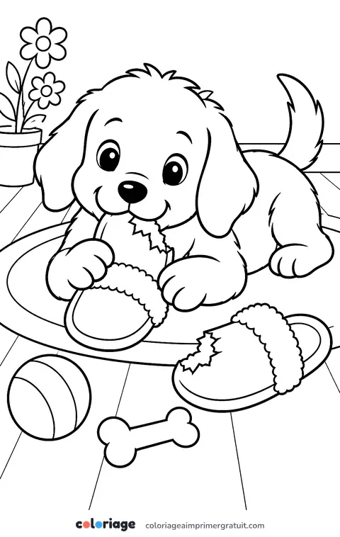 Coloriage chiot et chausson