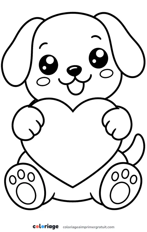 Coloriage chiot kawaii et cœur