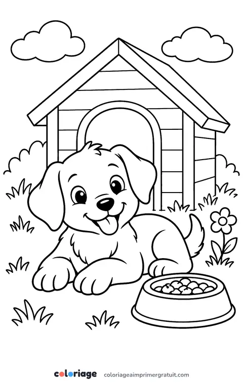 Coloriage chien devant sa niche