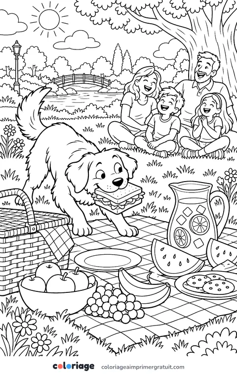 Coloriage chien au pique-nique