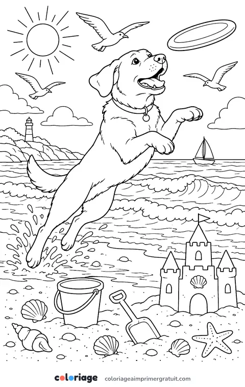 Coloriage chien qui saute à la plage
