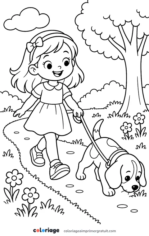 Coloriage promenade en laisse