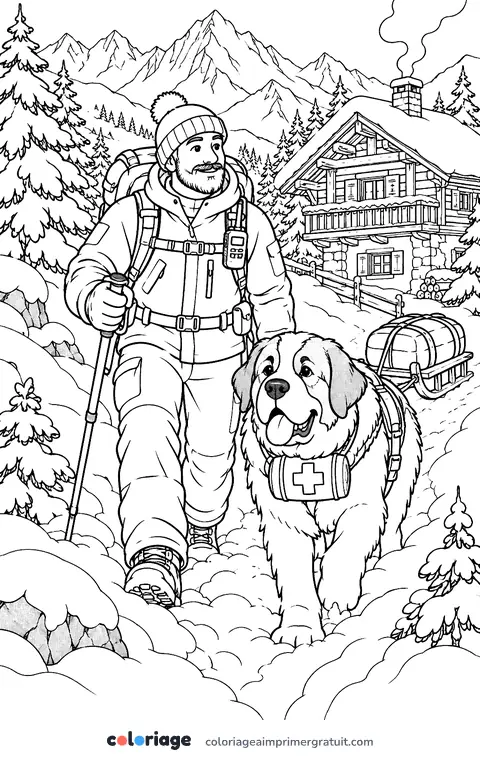 Coloriage saint-bernard en montagne