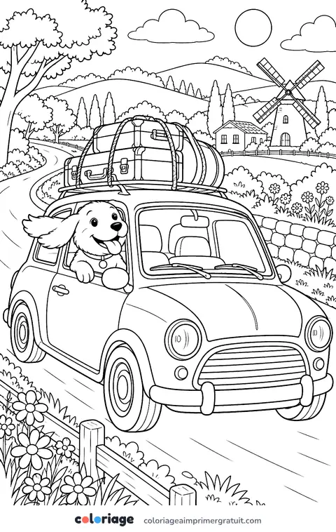 Coloriage chien en voyage