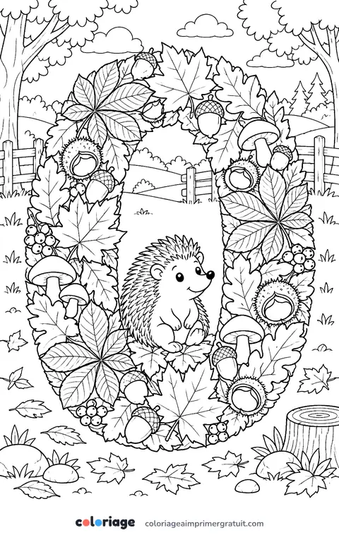 Coloriage chiffre 0 en feuilles d’automne