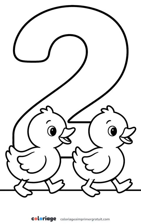 Coloriage chiffre 2 et deux canetons