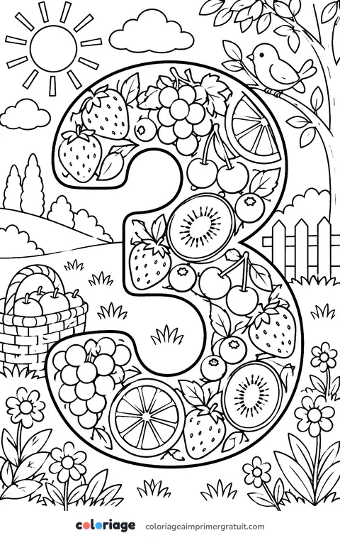 Coloriage chiffre 3 en fruits