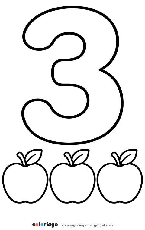 Coloriage chiffre 3 et trois pommes