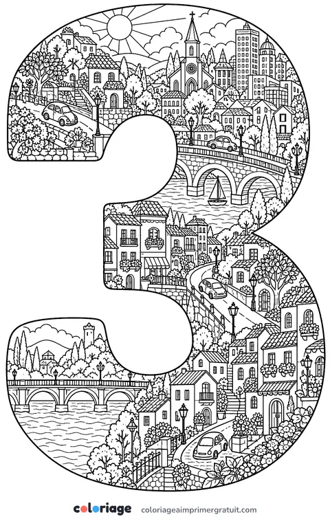 Coloriage chiffre 3 en ville